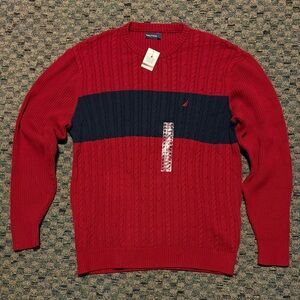 Nautica Sweater Men’s XL Navy Red Cable Knit Striped Crewneck Cotton New NWT